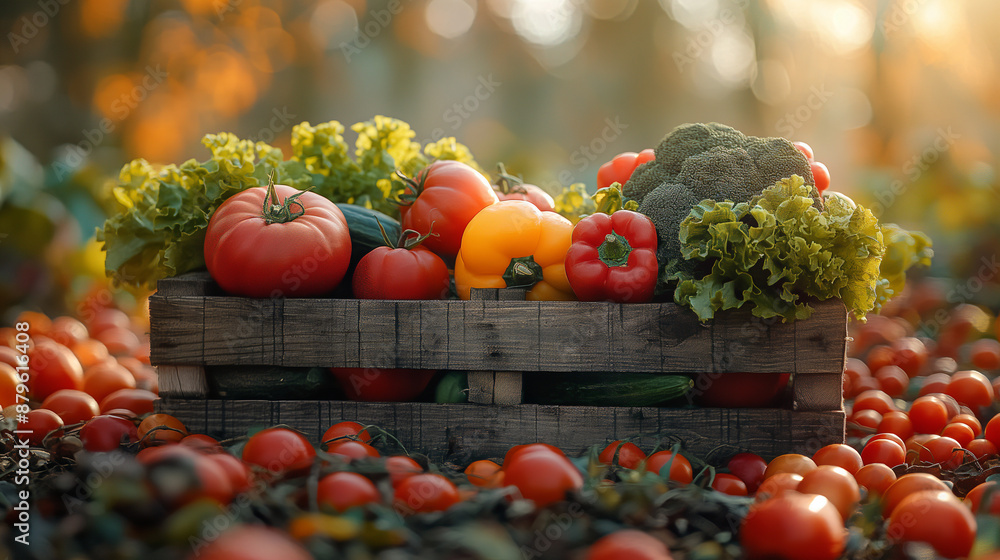 perfect various vegetables in a wooden box lying in the autumn field with sunshine and mist in the background hyperrealistic. perfect various vegetables in a wooden box lying in the autumn field with sunshine and mist in the background hyperrealistic.