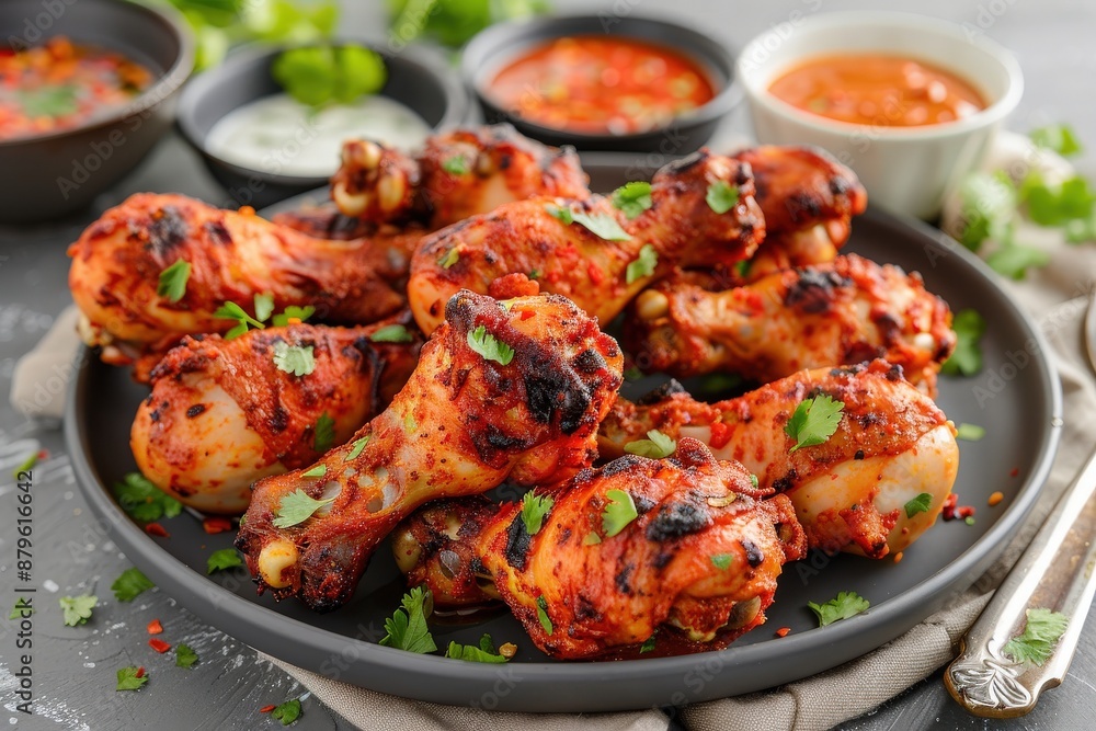 Delicious spicy grilled chicken drumsticks garnished with herbs, served on a black plate, accompanied by various dipping sauces. Delicious spicy grilled chicken drumsticks garnished with herbs, served on a black plate, accompanied by various dipping sauces.