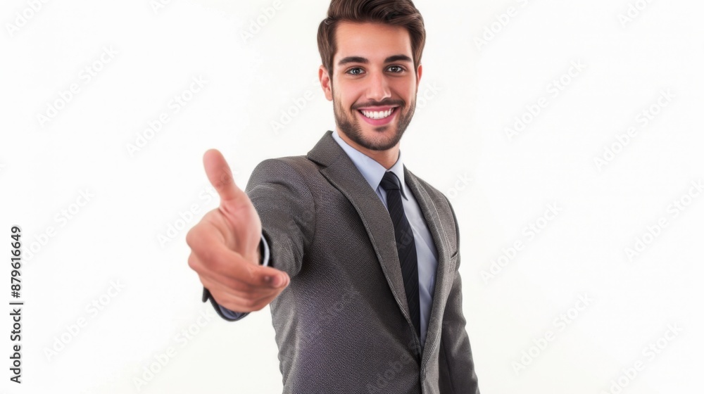 Cheerful businessman extending his hand for a handshake, isolated against a clean white background Cheerful businessman extending his hand for a handshake, isolated against a clean white background
