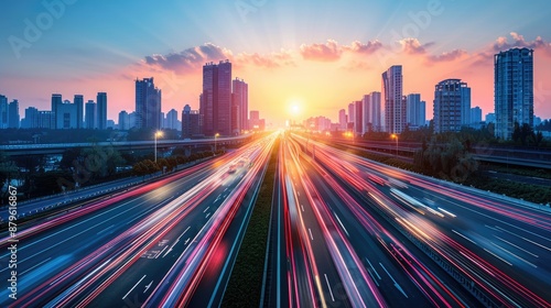 A city street with cars and a sunset in the background. The city is lit up with lights and the sun is setting, creating a warm and inviting atmosphere