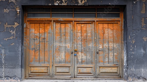 The door is old and rusted. It is a wooden door with four panels. The door is open and has a blue lock