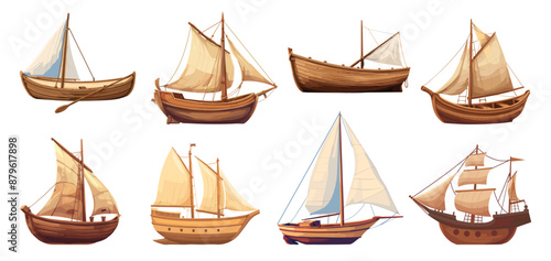 Wooden ships set. Wood boats with sails. Old style wooden boat with oar. ancient sailboat sea galleon. Vector flat cartoon style clipart
