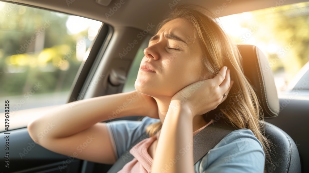 A female driver sitting inside a car, rubbing her aching neck with a pained expression after a long drive A female driver sitting inside a car, rubbing her aching neck with a pained expression after a long drive
