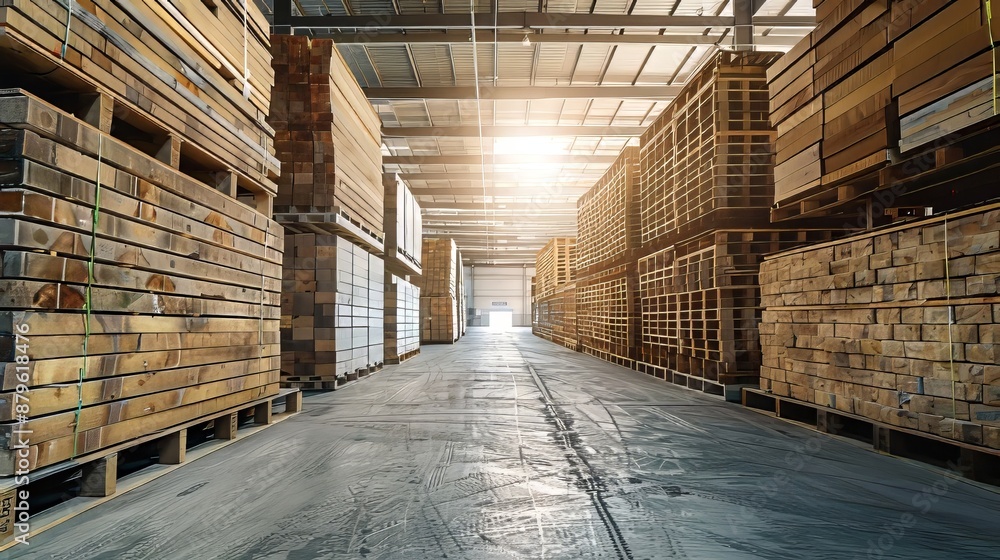 Rows of neatly stacked wooden pallets in a warehouse