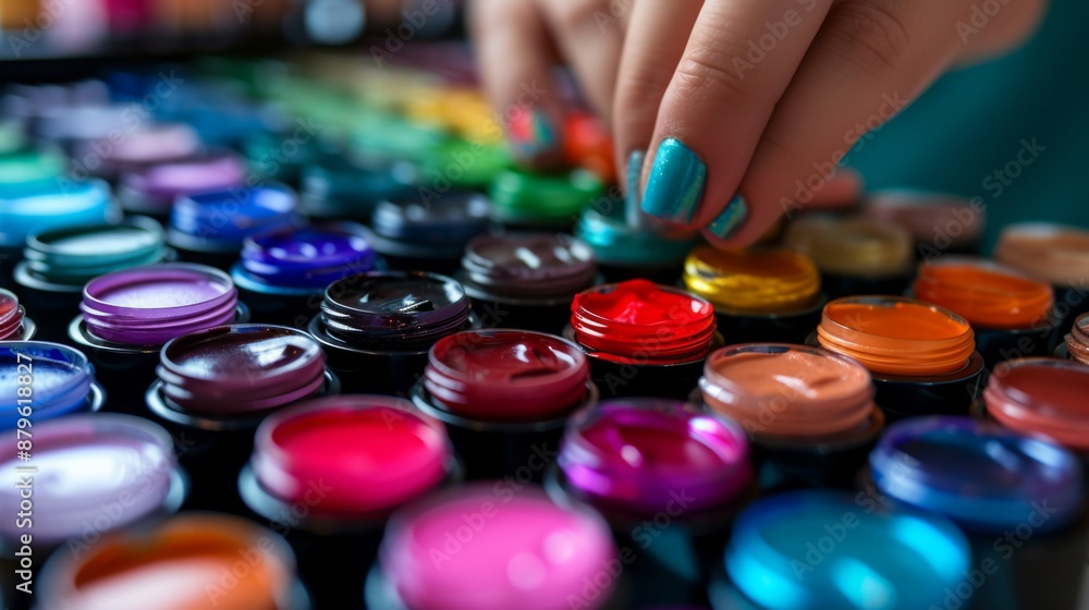 A skilled professional manicurist applying nail polish to a client's nails in a modern nail salon A skilled professional manicurist applying nail polish to a client's nails in a modern nail salon