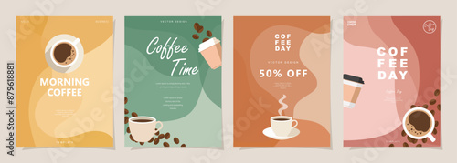 Set of minimal background templates with coffee beans and coffee mug for invitations, cards, banner, brochure, poster, cover, cafe menu or another design. Vector illustration.