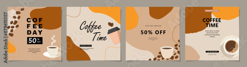 Set of minimal background templates with coffee beans and coffee mug for invitations, cards, banner, brochure, poster, cover, cafe menu or another design. Vector illustration.