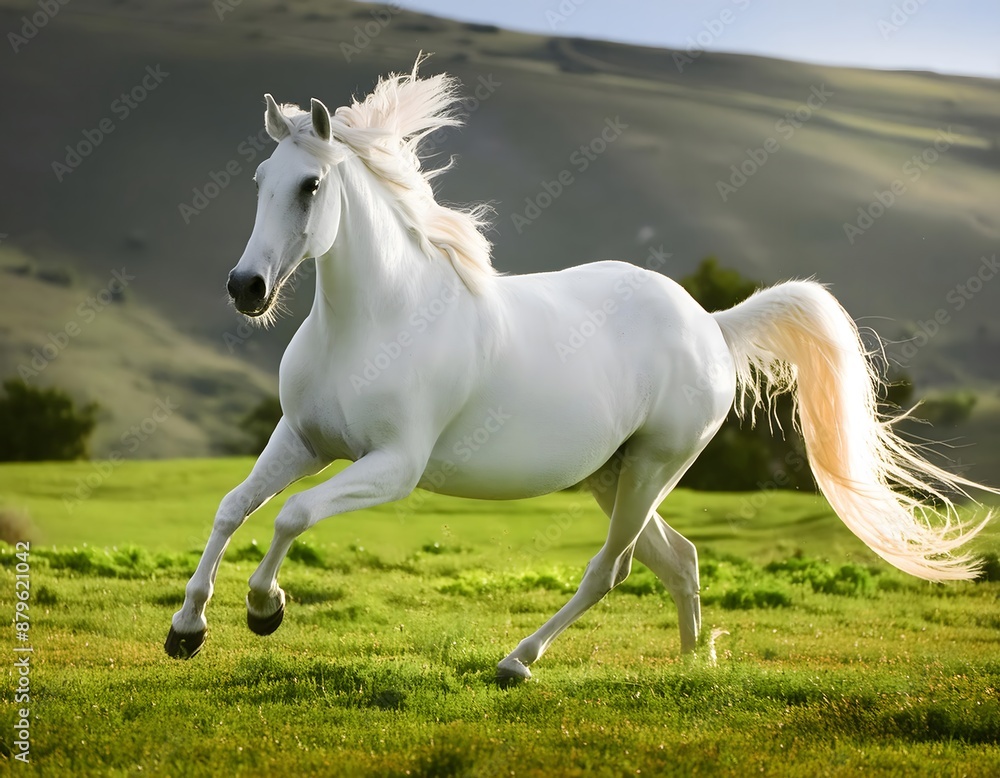 Magnificent wild white stallion running free on green meadows. Magnificent wild white stallion running free on green meadows.