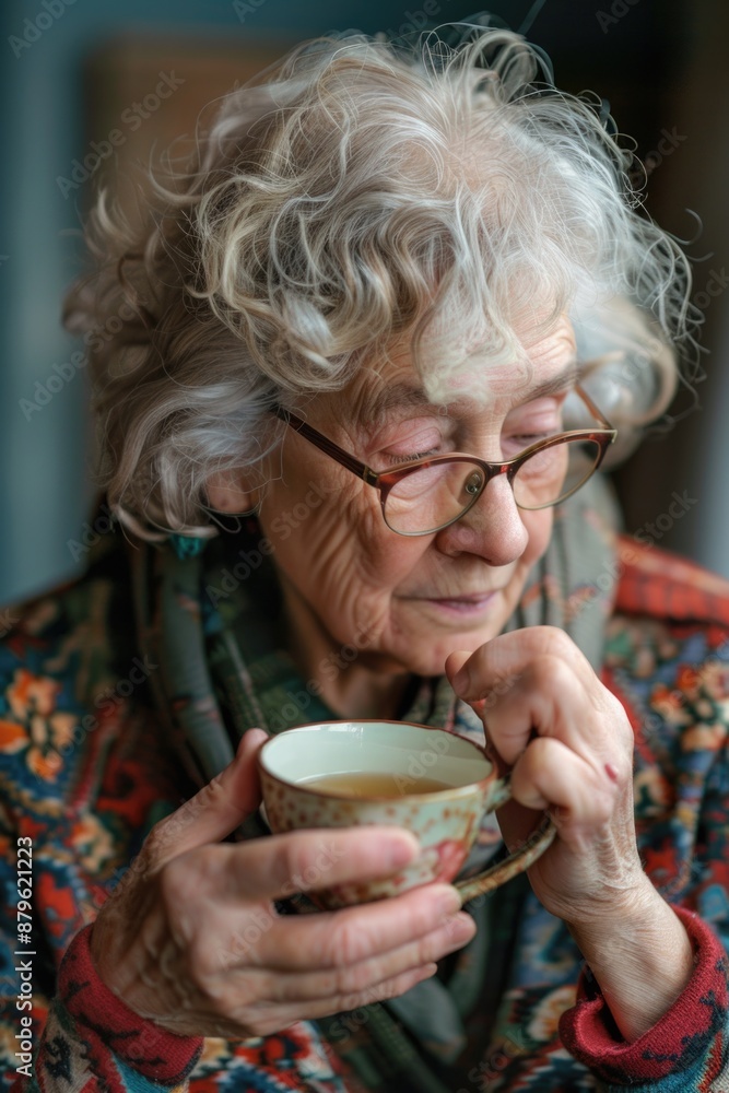 A senior woman holding a warm cup of coffee, possibly enjoying her morning routine A senior woman holding a warm cup of coffee, possibly enjoying her morning routine