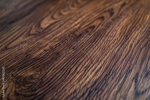 A detailed view of a vinyl flooring sample featuring a wood grain pattern in a rich, dark walnut finish. The texture and pattern of the flooring are prominently displayed. © Jennie Pavl