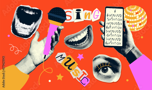 Vintage music halftone collage elements set with audio retro microphone, singing mouth, hand with phone on groovy background. Dotted vector illustration.