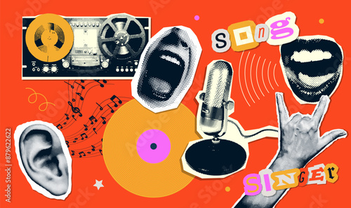 Retro music set with torn put paper halftone dotted collage elements set - audio reel-to-reel tape recorder, vintage microphone, singing mouth, vinyl record and rock gesture hand. Vector illustration.