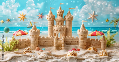 An intricate sandcastle with turrets, flags, and a staircase stands on a sandy beach, surrounded by colorful seashells, starfish, beach umbrellas, and the shimmering ocean. © Ratthamond