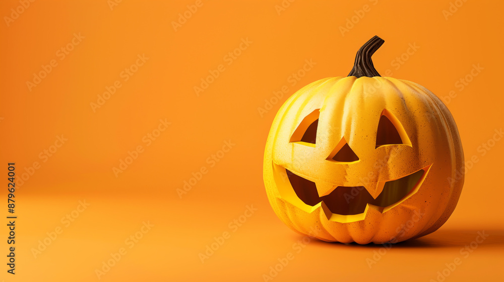 Carved Pumpkin Jack-o'-Lantern Glowing on Vibrant Orange Background Carved Pumpkin Jack-o'-Lantern Glowing on Vibrant Orange Background