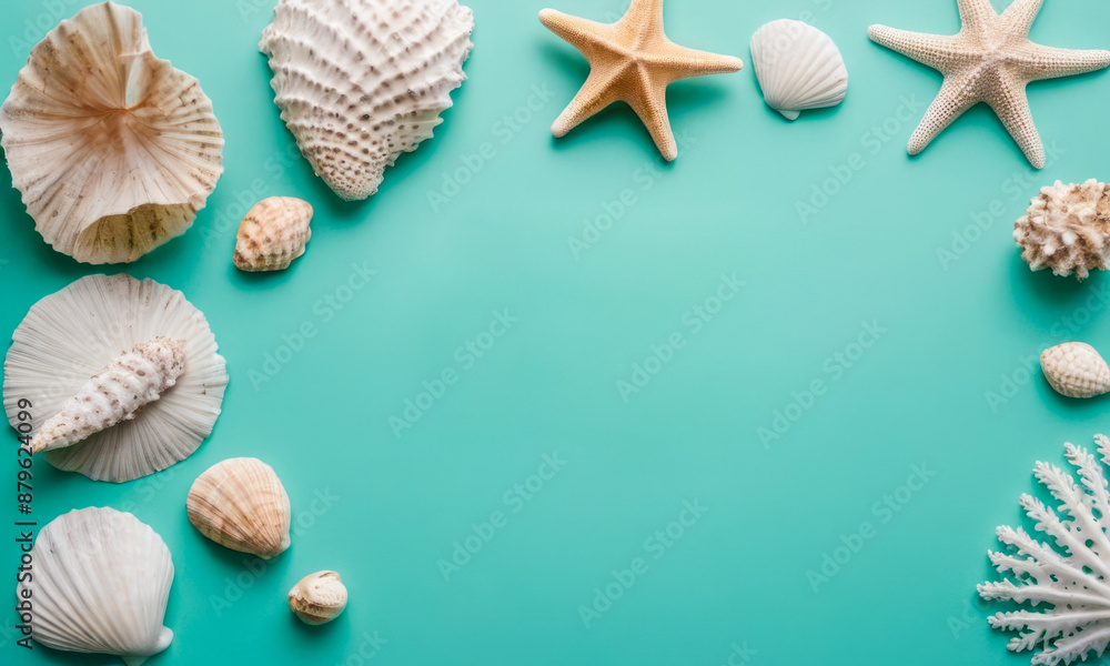 Summer top view empty space flatlay on a mint background showcasing seashells and starfishes , evoking holiday, vacation, and relaxation vibes. Summer top view empty space flatlay on a mint background showcasing seashells and starfishes , evoking holiday, vacation, and relaxation vibes.