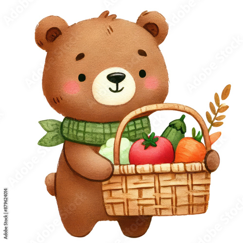 Watercolor illustration of a cute teddy bear holding a basket of fresh vegetables the bear is wearing a green scarf perfect for autumn harvest and children's themes