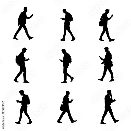 Silhouette of a man walking while using a smartphone collection