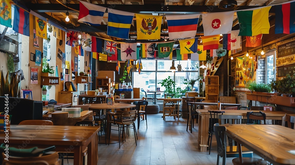 Cafe Interior with a String of Flags and Wooden Tables Cafe Interior with a String of Flags and Wooden Tables