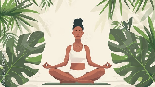 Wallpaper Mural Illustration of a woman practicing meditation in a serene tropical garden, surrounded by lush green plants, symbolizing peace and mindfulness. Torontodigital.ca
