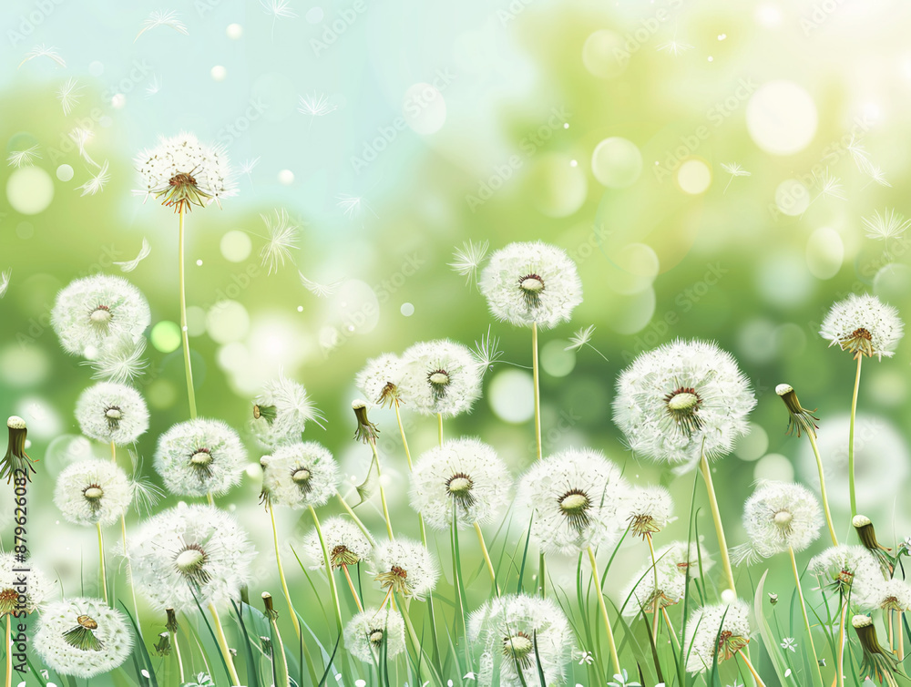 dandelion meadow with rising blowball pollination in the air fresh green nature scene concept with spring green blurred background dandelion meadow with rising blowball pollination in the air fresh green nature scene concept with spring green blurred background