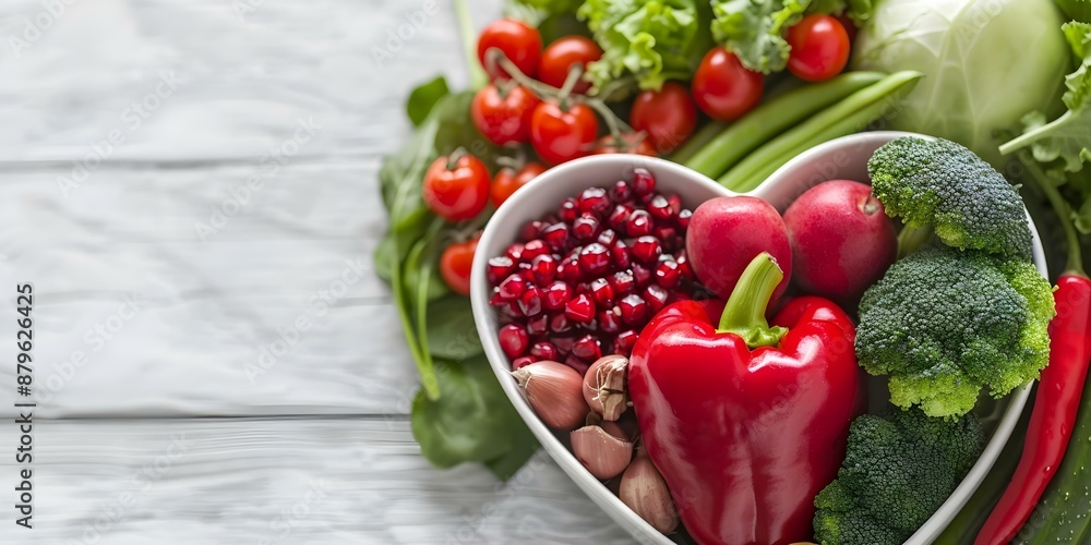 Promote heart health with a diet rich in fruits vegetables and whole foods. Concept Healthy Eating, Heart Health, Fruits and Vegetables, Whole Foods, Nutritious Diet Promote heart health with a diet rich in fruits vegetables and whole foods. Concept Healthy Eating, Heart Health, Fruits and Vegetables, Whole Foods, Nutritious Diet