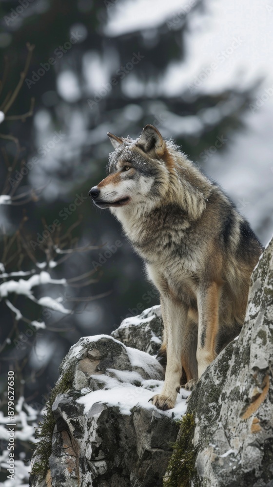 Obraz premium Abstract Cliff and Wild Wolf Wallpaper: Stunning AI-Generated Art Depicting the Survival of the Fittest in a Beautiful and Wild Animal World, Perfect for Mobile and Computer Backgrounds