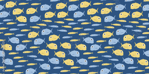 Seamless vector pattern with yellow and blue sea fish. Illustration of a school of mackerel fish.