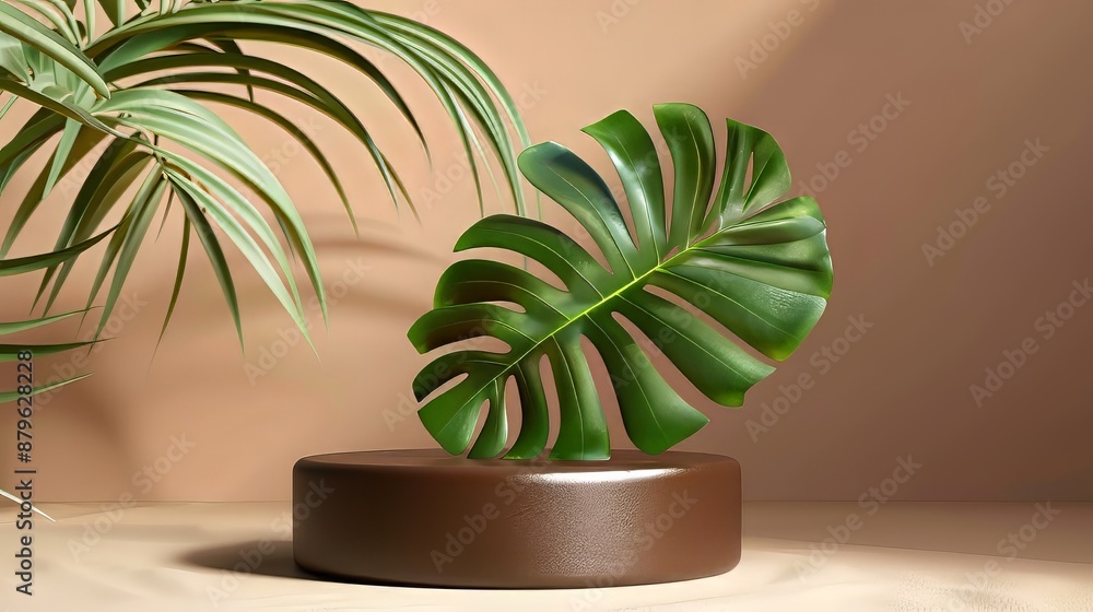Obraz premium Minimalistic still life with a monstera leaf on a podium