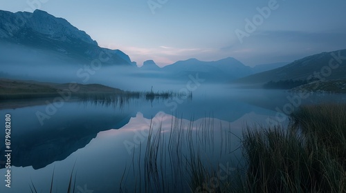 A serene mountain lake at dawn, the water perfectly still, reflecting the peaks © Budi