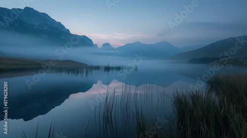 A serene mountain lake at dawn, the water perfectly still, reflecting the peaks photo