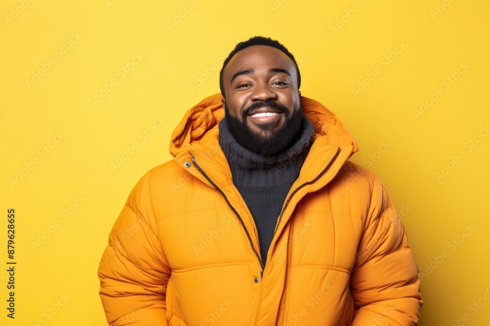 Portrait of a glad afro-american man in his 30s donning a durable down jacket on solid color backdrop Portrait of a glad afro-american man in his 30s donning a durable down jacket on solid color backdrop