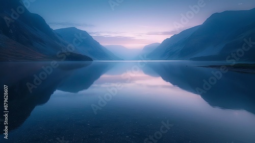 A serene mountain lake at dawn, the water perfectly still, reflecting the peaks photo