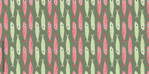 Seamless vector pattern with pink and green river fishes. Illustration of a vertical school of fish