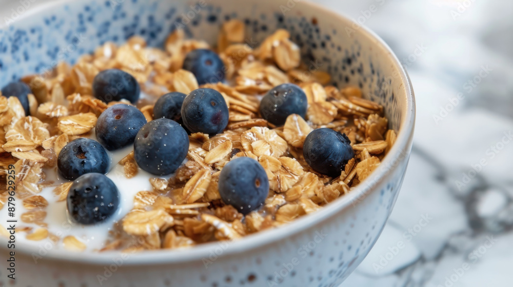 Close-up of a bowl of granola with fresh blueberries and milk Close-up of a bowl of granola with fresh blueberries and milk