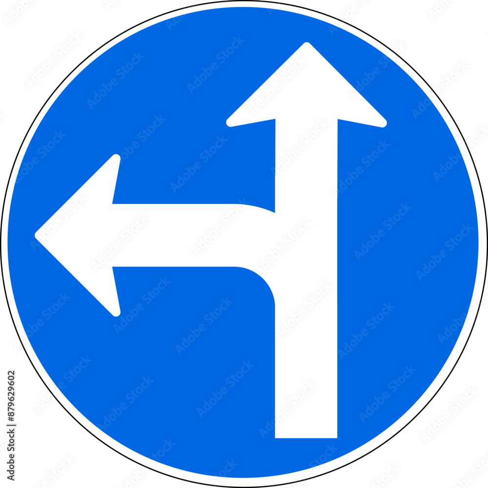 Blue and white round direction sign with arrows only directions are straight ahead and left. Illustration made July 10th, 2024, Zurich, Switzerland. Blue and white round direction sign with arrows only directions are straight ahead and left. Illustration made July 10th, 2024, Zurich, Switzerland.