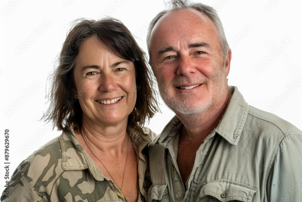 Portrait of a smiling caucasian couple in their 40s sporting a breathable hiking shirt in white background Portrait of a smiling caucasian couple in their 40s sporting a breathable hiking shirt in white background