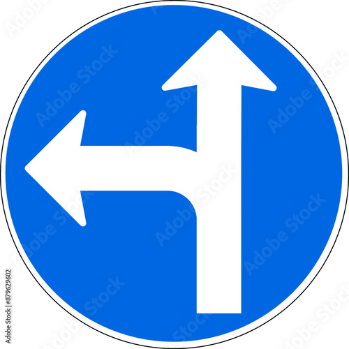 Free Download Blue and white round direction sign with arrows only directions are straight ahead and left. Illustration made July 10th, 2024, Zurich, Switzerland. - GFXLoad