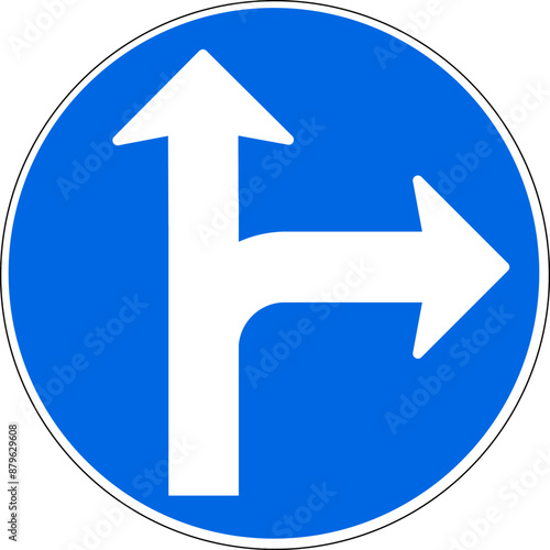 Free Download Blue and white round direction sign with arrows only directions are straight ahead and right. Illustration made July 10th, 2024, Zurich, Switzerland. - GFXLoad