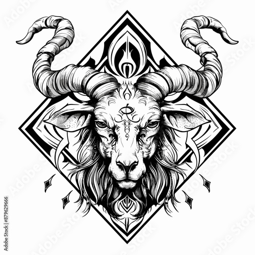 A black and white drawing of a ram with horns. The ram has a cross on its forehead and a triangle on its forehead