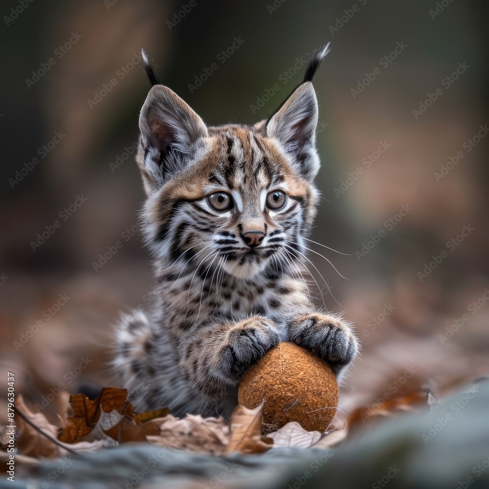 Obraz premium Baby bobcat with a tiny ball ,isolate ,minimal, simple background