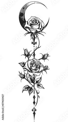 A black and white tattoo of a rose with a crescent moon. The tattoo is of two roses, one on each side of the moon. The roses are surrounded by vines and leaves, giving the tattoo a natural