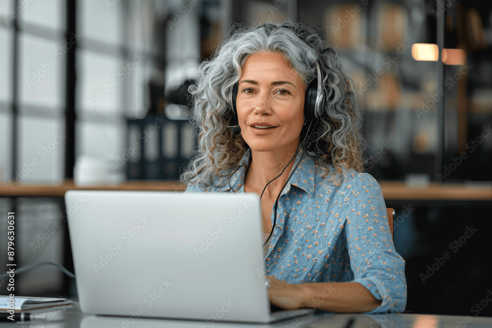 Curly haired middle aged woman with headset talking on a laptop in a modern office desk support service agent call center professional telemarketer senior female representative Curly haired middle aged woman with headset talking on a laptop in a modern office desk support service agent call center professional telemarketer senior female representative