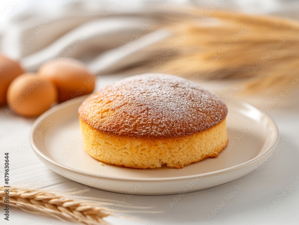 Fluffy sponge cake with powdered sugar on a plate, surrounded by eggs and wheat stalks, set on a white background. Fluffy sponge cake with powdered sugar on a plate, surrounded by eggs and wheat stalks, set on a white background.