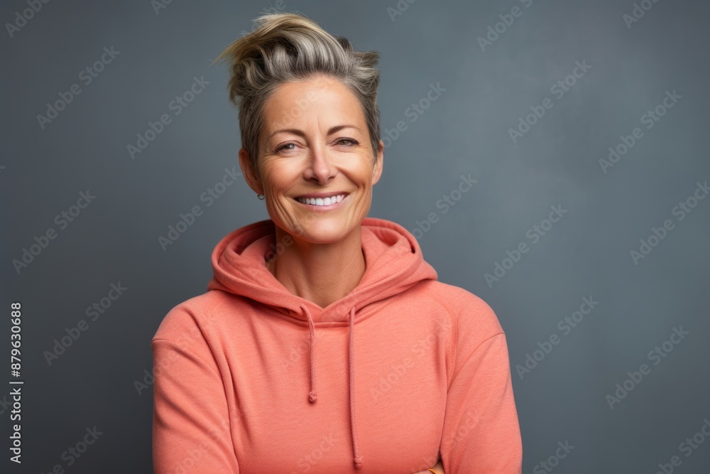 Obraz premium Portrait of a satisfied woman in her 40s wearing a thermal fleece pullover isolated in solid color backdrop