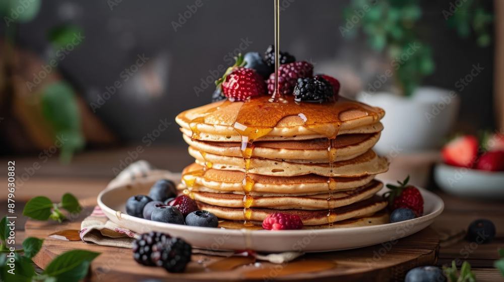 Stack of pancakes topped with fresh berries and drizzled with syrup on a wooden table background Stack of pancakes topped with fresh berries and drizzled with syrup on a wooden table background