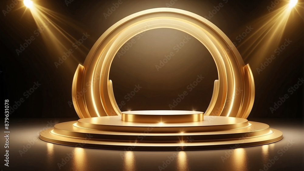 Modern Minimalist Design with Illuminated Golden Ring and Green Plant on Neutral Background Modern Minimalist Design with Illuminated Golden Ring and Green Plant on Neutral Background
