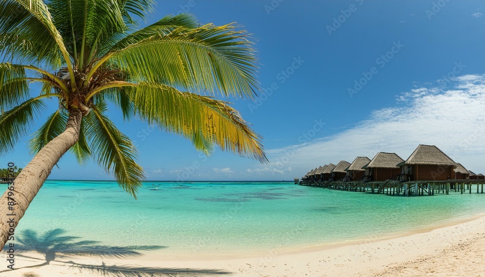 Panoramic view of an idyllic tropical beach with a leaning palm tree and overwater bungalows in the distance Panoramic view of an idyllic tropical beach with a leaning palm tree and overwater bungalows in the distance