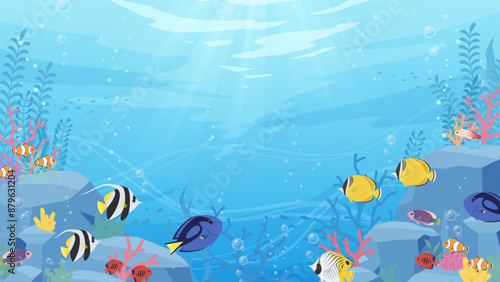岩と珊瑚がある海中を熱帯魚が泳ぐ背景イラスト_16:9