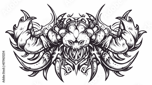 A black and white drawing of a crab with a large head and many claws. The claws are sharp and pointy, and the crab has a menacing look on its face. The drawing is bold and graphic