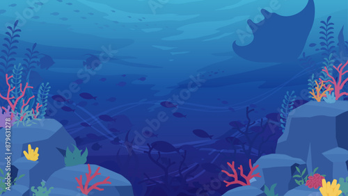 岩と珊瑚がある深海に魚影が見える背景イラスト_16:9